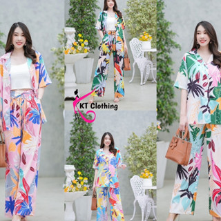 J14736 Set 2 ชิ้น เสื้อฮาวาย + กางเกงขายาว ลายใบไม้ Set 2 pieces Hawaiian shirt + trousers, leaf pattern