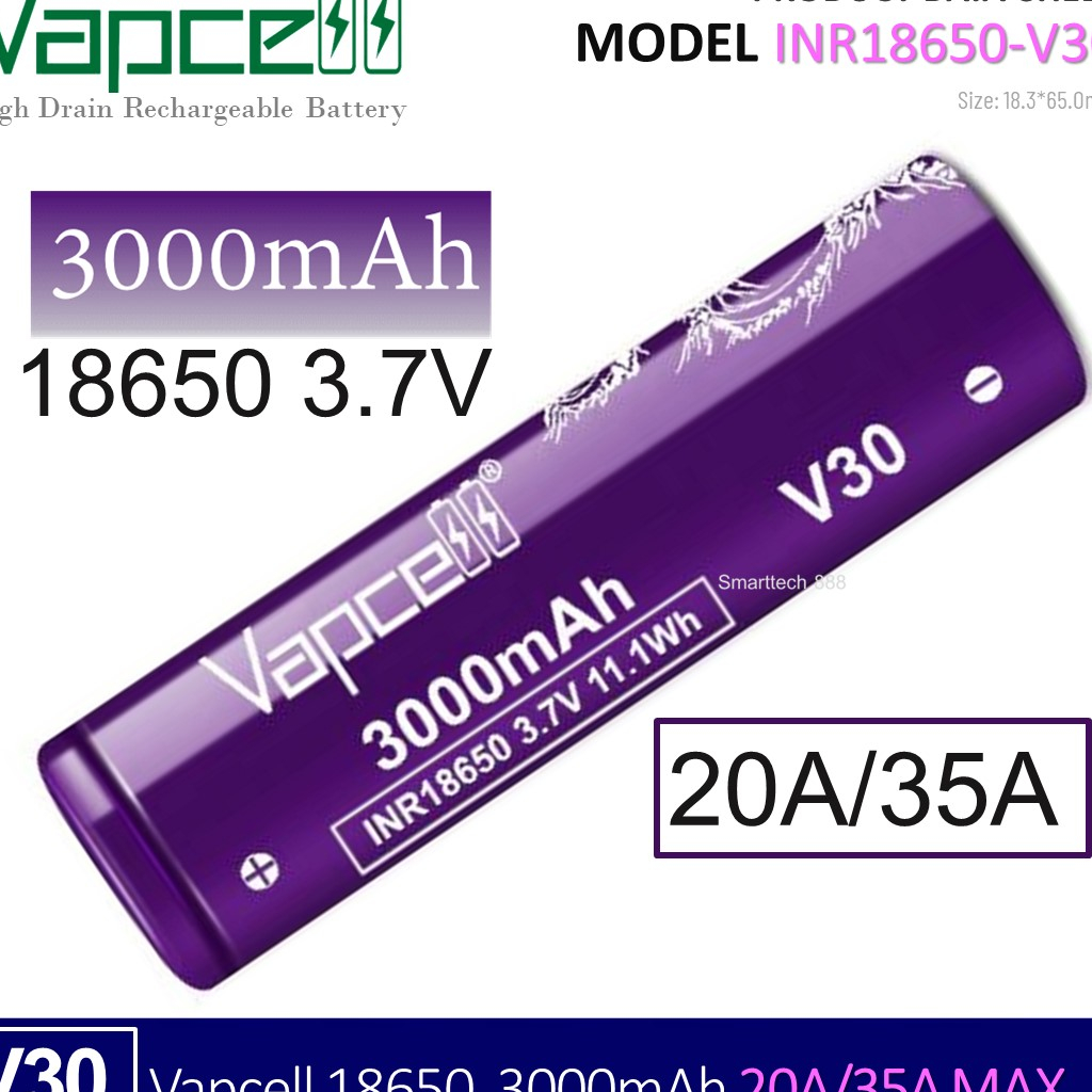 [จ่ายกระแสแรง!!!] ถ่านชาร์จ 18650 V30 Vapcell 3000mah 3.7V 20/35A Max สีม่วง-ดำ หัวแบน จำนวน 1 ก้อน