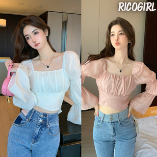 【RicoGirl】 *พร้อมส่ง* เสื้อครอปคอเหลี่ยม แขนเจ้าหญิง ผูกหลัง #1374 เสื้อ เสื้อยืด เสื้อครอป Y2K เสื้อผู้หญิง เสื้อแฟชั่น