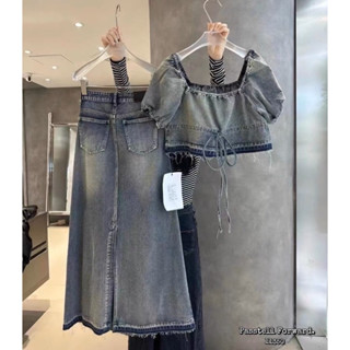 🇰🇷New🇰🇷  Korea denim top with skirt 2pcs set มาใหม่อีกรุ่นค่า เสื้อครอปไม่สั้นมาก แขนพอง จั้ม งานสวยยยยมากก