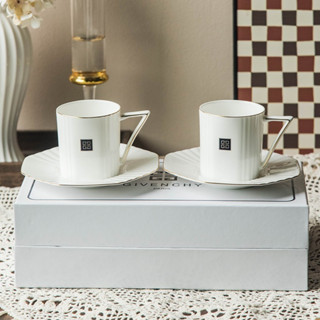 French Givenchy Stripe Straight Body Double Cup Plate Light Luxury Premium Coffee Cup Plate Bone Porcelain Cup Gift Box