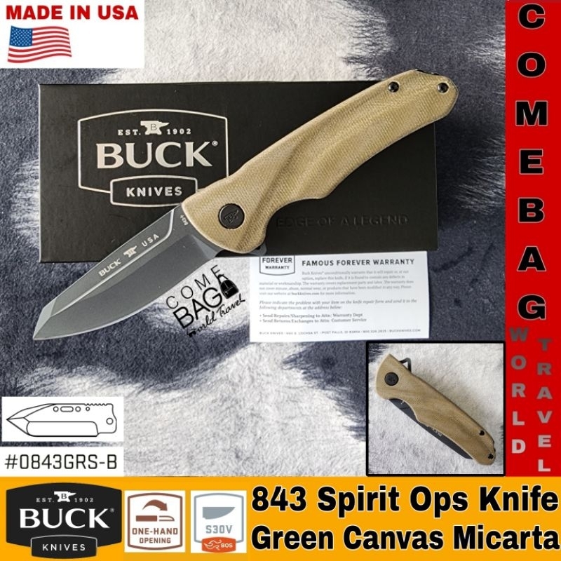 มีดBuck 843 Sprint Ops Flipper Knife 3.125" S30V Black Reverse Tanto,Green Canvas Micarta Handles134