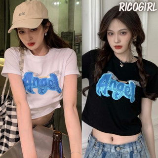【RicoGirl】 *พร้อมส่ง*  เสื้อครอปแขนสั้นคอกลม สกรีนลายแองเจิ้ล #6735 เสื้อยืด เสื้อผ้า เสื้อแฟชั่น เสื้อ เสื้อผู้หญิง