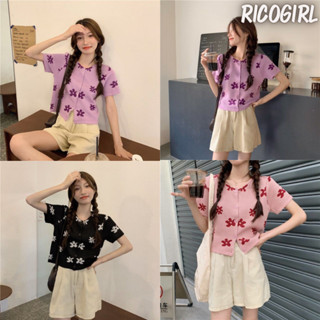 【RicoGirl】 *พร้อมส่ง*  เสื้อไหมพรมแขนสั้นปักลายดอกไม้ #2027 เสื้อผ้าผู้หญิงเสื้อ เสื้อยืด