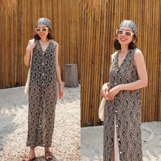 Nudeaholic 💚💙 1430 SUMMER BEACH V NECK MAXI DRESS  เดรสถักลาย Paisley กระดุมหน้า