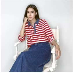 พร้อมส่ง💥PORTLAND เสื้อยืดคอปก แขนสามส่วน ลายริ้ว (สีขาว แดง) / 3/4 Sleeves Polo Collar Striped T-Shirt (White Red) - XL