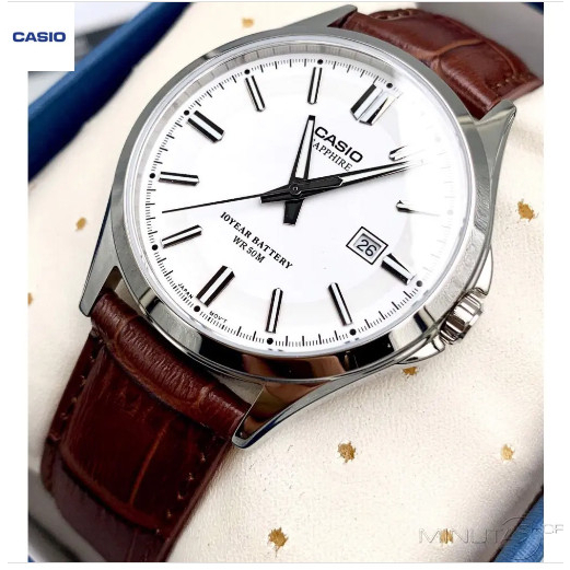 Casio Sapphire สายหนังน้ำตาล  กับ Casio MTS-100L-7A กระจกแซฟไฟร์ อุปกรณ์ครบทุกอย่างพร้อมใบรับประกัน CMG