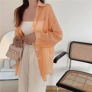 LUNE W214#เสื้อเชิ้ตสีพื้น ทรงหลวม แขนยาวสไตล์เกาหลี แฟชั่นวัยรุ่น ไส่คลุมกันแดด ไส่เที่ยวทะแล สีสวยมากๆๆ