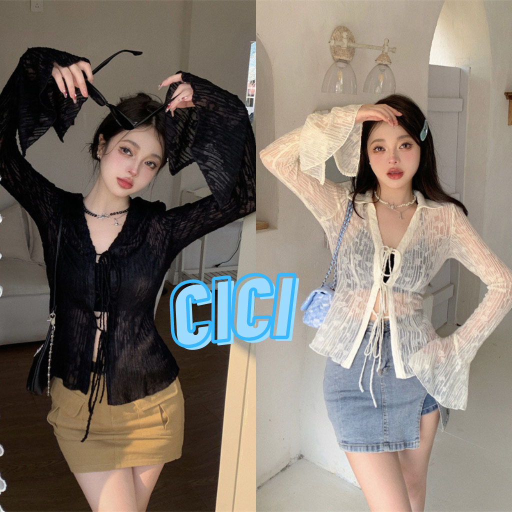 ส่งทันที Cici(NO. Y29) เสื้อซีทรูผ้าชีฟองแขนยาวคอปก ผูกเชือกด้านหน้า ปลายแขนกว้างระบาย