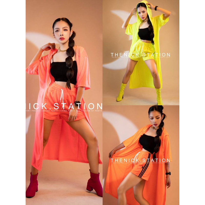 เสื้อคลุมฮูดสีนีออนสวยแซ่บ ขาว ดำ ไม่เรืองแสง เขียว ส้ม ชม เรืองในไฟแบล็คไลท์