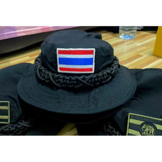 หมวกปีกถักเชือก สีดำ ถักเชือกพาราคอร์ดพร้อมอาร์มทหารพราน แบบติดตีนตุ๊กแกหน้าหมวก #หมวกปีกสั้น