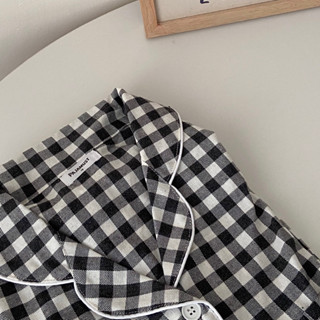 ชุดนอนมินิมอล ชุดนอนสไตล์เกาหลี ชุดนอนแขนสั้นขาสั้น smoke gingham