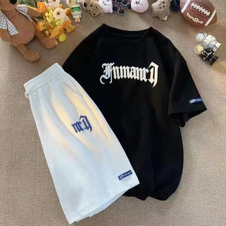 ชุดกีฬาลำลองผู้ชายวาฟเฟิลแบรนด์อินเทรนด์สไตล์วิทยาลัยเสื้อยืดแขนสั้นจดหมายหลวมกางเกงขาสั้นฤดูร้อนชุดสูทสองชิ้น