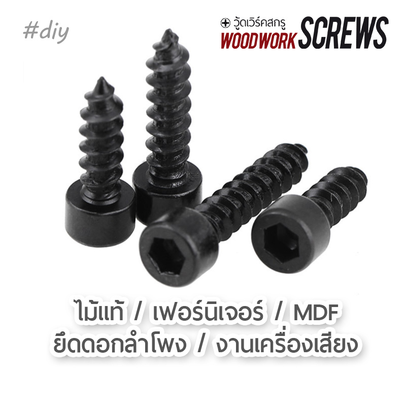 [10ตัว] สกรูหัวจม รมดำ หกเหลี่ยม สีดำ ยึดดอกลำโพง เครื่องเสียง เกลียวหยาบสำหรับไม้ ร่องเกลียวใหญ่ ยึดไม้แน่น งานเฟอร์