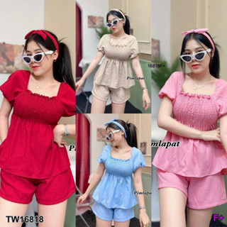 TW16818 Set 3 ชิ้น เสื้ออกสม็อกแขนตุ๊กตา+กางเกงขาสั้น+ผ้าผูกผม