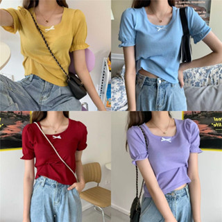 Blouse3999 เสื้อไหมพรมสีพื้นคอเหลี่ยมแต่งโบว์เล็กๆ แขนตุ๊กตา