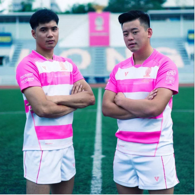 VOLT เสื้อรักบี้ จุฬา แขนสั้น สีชมพู ขาว VECTOR 006 RUGBY CU 2019 PINK