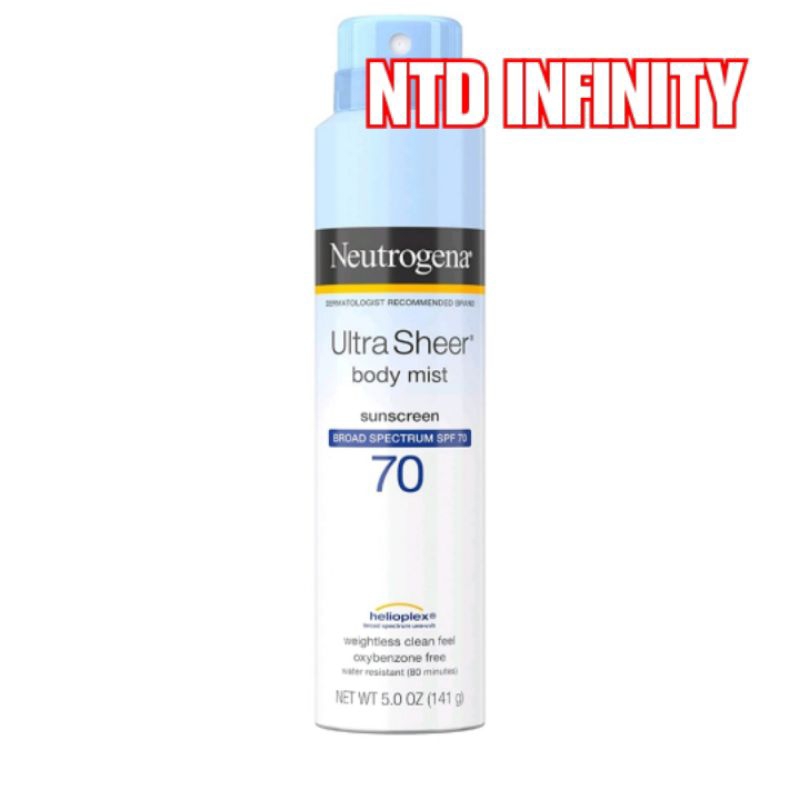 นำเข้า Exp08/25 Neutrogena Ultra Sheer Body Mist Sunscreen Spray Broad Spectrum SPF 70 (5 OZ.) สเปรย์กันแดดNeutrogena