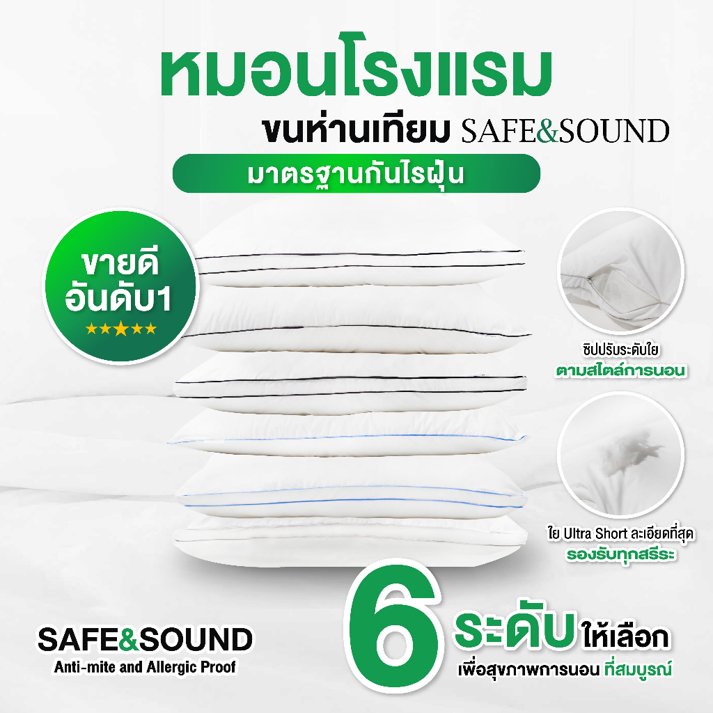 SAFESOUND หมอนขนห่านเทียม นวัตกรรมใยUltrashort Microgelละเอียดที่สุด รับต้นคอ หุ้มผ้ากันไรฝุ่น ขนาด 20x30 นิ้ว