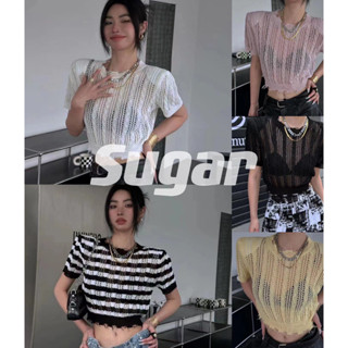 Sugar 🌈พร้อมส่ง🌈เสื้อไหมพรม เสื้อถัก เสื้อครอป คอกลมแขนสั้น ดีเทลหลุ่ยชาย เกาหลีน่ารัก(32123)