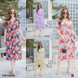 18609 Set #สาวอวบ 2ชิ้น เสื้อคอวีแขนสั้น ตัวยาว + กางเกงขาสั้น ลายดอก #Chubby girl 2 pieces. Long V-neck shirt + shorts