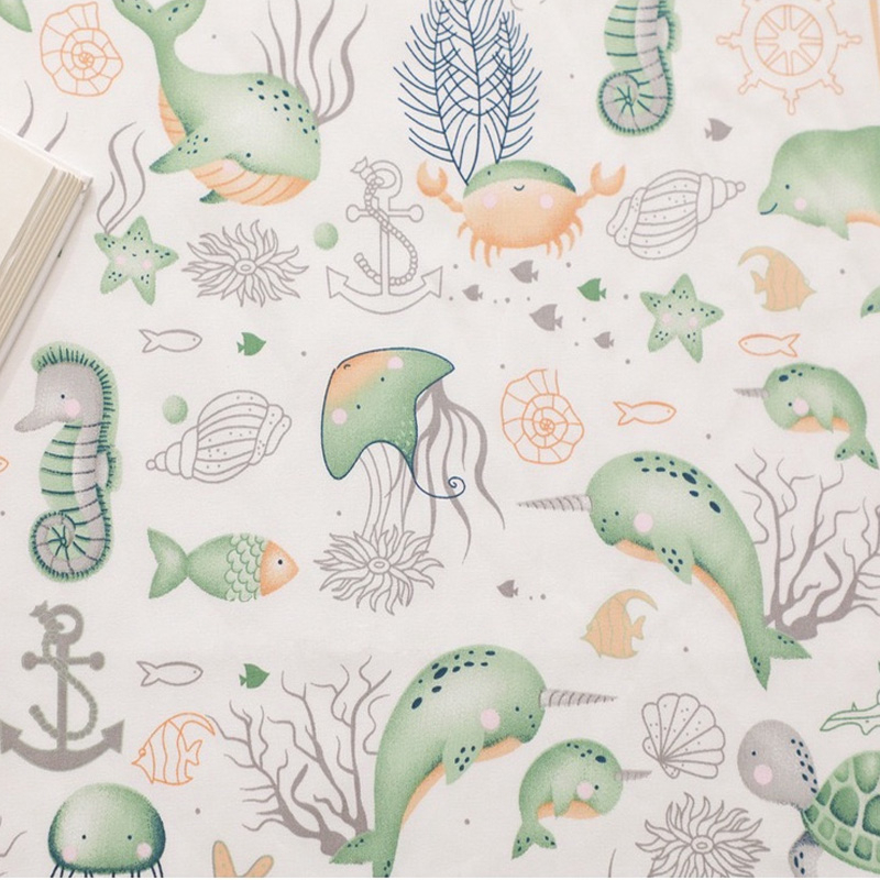 ผ้าคอตตอน 100% ทอทวิล ผ้าเมตร หน้ากว้าง1.6 เมตร ลายไดโนเสาร์ ลายปลา ทะเล