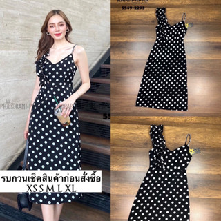 Long dress เดรสสีดำตัวยาวลายPolka Dotสวยหรูคลาสสิค ดีเทลจุกจิกๆรอบตัว ไหล่ด้านขวาแต่งระบายสวยฟรุ้งๆ ด้านสายแต่งสายเพชร