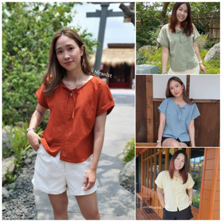 เสื้อผ้าฝ้ายน่ารัก เสื้อผ้าฝ้ายคอกลม ผูกโบว์ แขนเบิ้ล ใส่สบาย