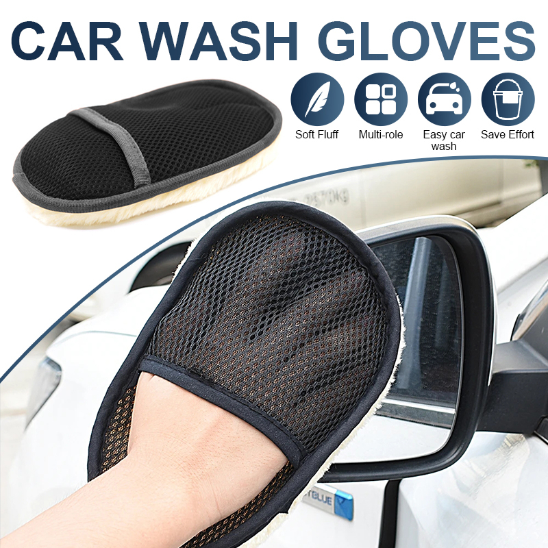 ถุงมือล้างรถ ทำความสะอาด 2ด้าน ถุงมือแว็กซ์ขัดรถ ถุงมือล้างรถขนแกะ เช็ดเบาะหนัง กระเป๋า รองเท้า อย่างหนา นุ่มมาก