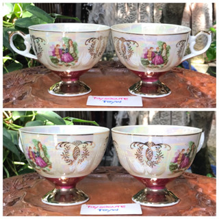 เก่าเก็บ 2 ชิ้น ถ้วยกาแฟ แก้วกาแฟลายหนุ่มสาวพลอดรัก Coffee Cups -  La Reine Limoges with Fragonard Couple Scene