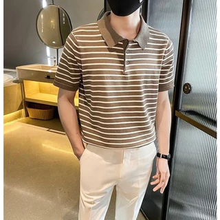 เสื้อโปโลคอปก ลายริ้วกระดุม 3 เม็ด ผ้าหนาไม่บาง สไตล์เกาหลี C41