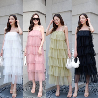 Chiffon layers dress เดรสสายเดี่ยวยาวผ้าชีฟอง ดีเทลเย็บเป็นเลเยอร์ชั้นไ สายเดี่ยวแบบผูก