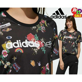 Adidas-ใหม่ เสื้อยืดพิมพ์ลาย ใส่ลำลอง ออกแบบโดย FARM Rio ผ้านุ่ม ADIDAS FARM CROPPED TEE FN6486