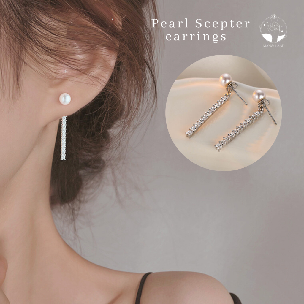 MNL💗Pearl Scepter ต่างหูแป้น เงินแท้ ประดับไข่มุก ห้อยแท่งเงินติดเพชร เครื่องประดับแฟชั่น ไม่ลอกดำ ผู้หญิง ใส่ออกงาน