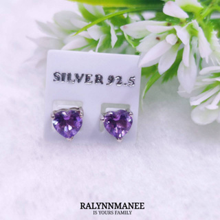 BA025 ต่างหูพลอยอเมทิสต์แท้ ( Amethyst ) ตัวเรือนเงินแท้ 925 ชุบทองคำขาว