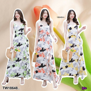 Maxi dress สายเดี่ยวลายดอกสายไขว้ด้านหลัง ผ่าแหวกระบายด้านหน้า มีโบว์เส้นเล็กผูกเอว มีซิปข้าง มีซับใน  AP18648