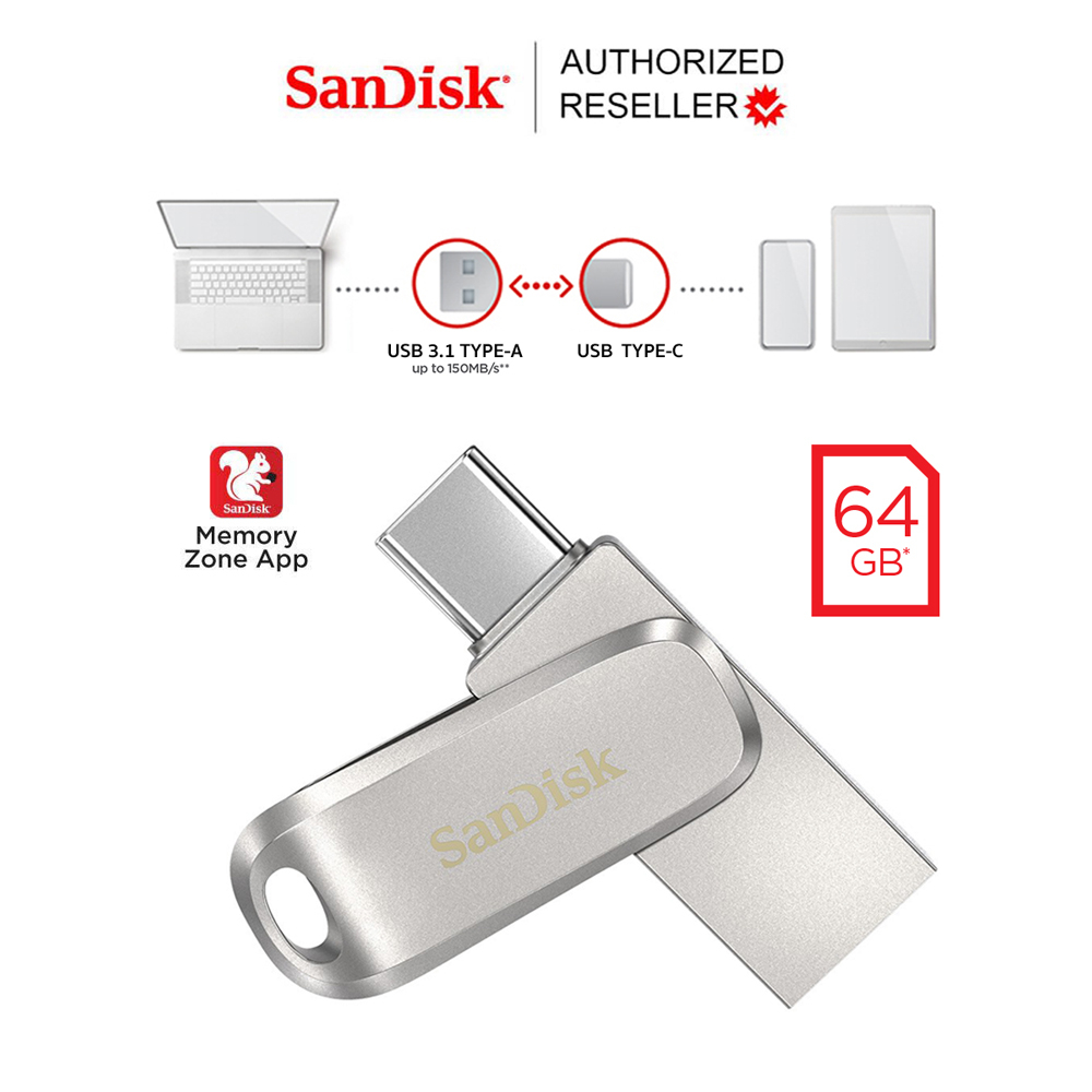 SanDisk Ultra® Dual Drive Luxe USB Type-C 64GB (SDDDC4-064G-G46)แฟลชไดรฟ์ ไดร์ฟ OTG สำหรับโทรศัพท์ แท็บเล็ต Tablet iPad Pro