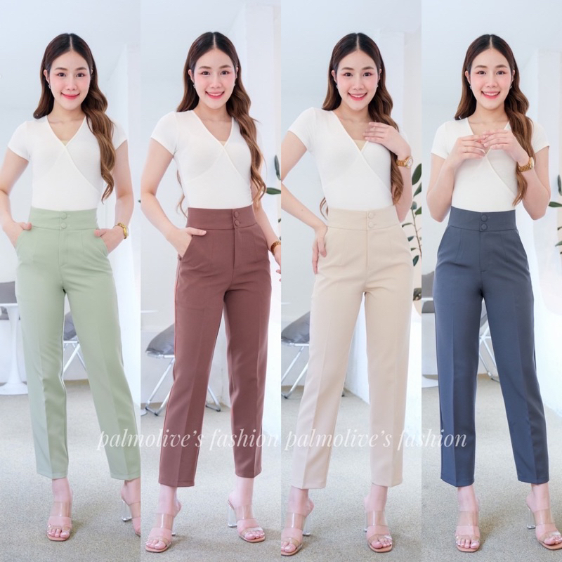 กางเกงขากระบอกเล็กเอวสูง 2กระดุม เนื้อผ้าใส่สบาย S-XXL