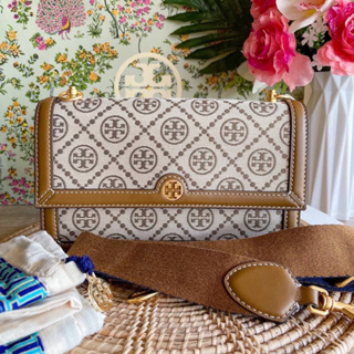 🎀(สด-ผ่อน) กระเป๋าสะพาย สีน้ำตาล 8.8 นิ้ว รุ่น Shop 81000 TORY BURCH T MONOGRAM JACQUARD MINI SHOULDER BAG