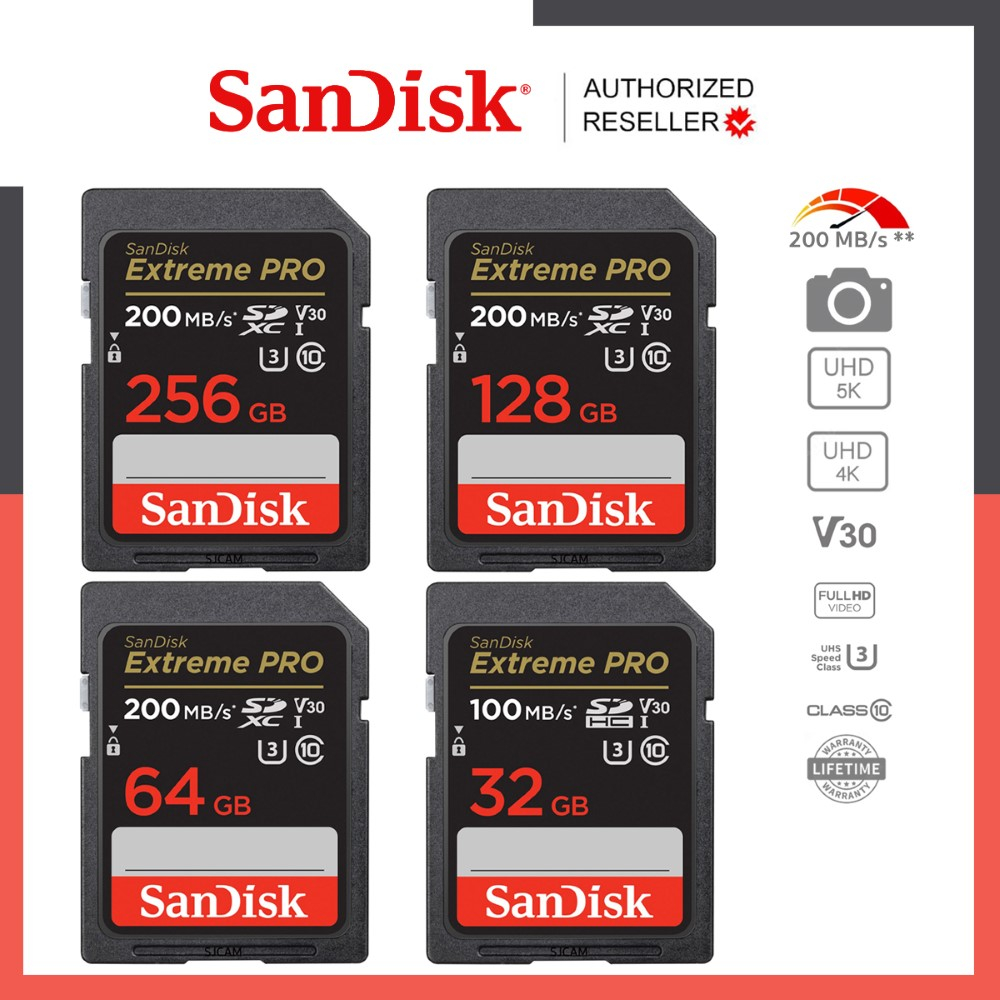 SanDisk Extreme Pro SD Card SDXC Speed R 200MBs 32GB 64GB 128GB ( SDSDXXD ) เมมโมรี่การ์ด SDCARD  กล้องถ่ายภาพ DSLR ประกัน Synnex lifetime SDSDXXO SDSDXXU