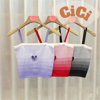 Cici(NO.11532)เสื้อครอปสายเดี่ยว ผ้าไหมพรมแต่งไล่โทนสี ดีเทลเว้ารูปหัวใจด้านหน้า