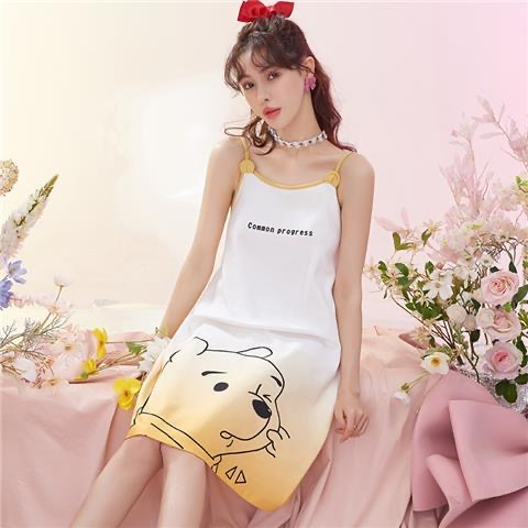 1800 ชุดนอนกระโปรงสายเดียว ชุดนอนลายหมีพู น่ารักๆ ผ้สคอตตอน ผ้านุ่มลื่นใส่สบาย