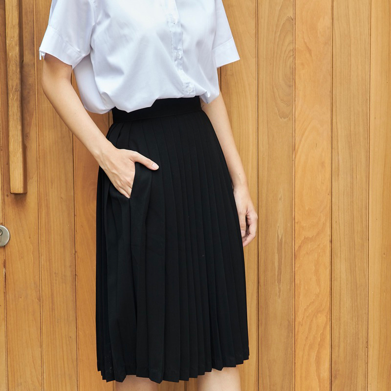 1.08 [PRE-ORDER] พลีทเอวตะขอ Superblack มีกระเป๋า ยาว 16"-20" | The One Concept ชุดนักศึกษา พรีเมี่ย