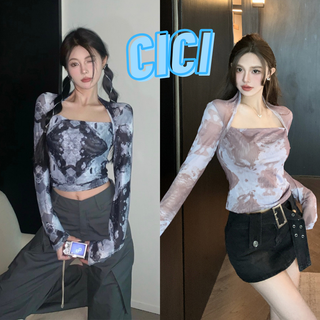 Cici(NO.J565)เสื้อยืดเข้ารูปแขนยาว ลายหินอ่อน แซ่บเวอร์ เก๋สุด