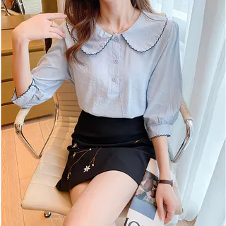 (พร้อมส่งจากไทย) เสื้อเชิ้ตคอบัวสีฟ้าขาวใส่สบาย[G20]