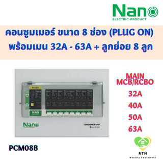 NANO ตู้คอนซูมเมอร์ยูนิต ขนาด 8 ช่อง (Plug On) พร้อมเมน MCB/RCBO 32A , 40A , 50A , 63A พร้อมลูกย่อย 8 ลูก