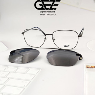 กรอบแว่นสายตา GEZE Clip-On รุ่น RY1039-C4 เต็มกรอบสีเทาเข้ม คลิปออนแม่เหล็ก เลนส์กันแดดPolarized