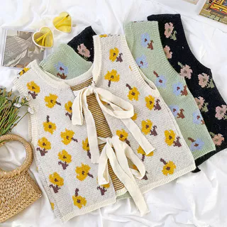 ส่งทันที Cici(NO. 45037)เสื้อกั๊กไหมพรม แต่งลายดอกไม้ ดีเทล ผูกโบว์ด้านหลังสุดเก๋