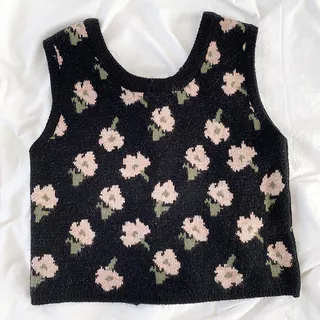 ส่งทันที Cici(NO. 45037)เสื้อกั๊กไหมพรม แต่งลายดอกไม้ ดีเทล ผูกโบว์ด้านหลังสุดเก๋