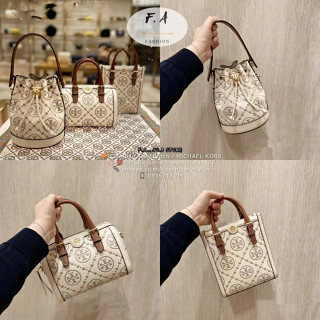 F.A ว่าแท้100% tory burch T MONOGRAM  EMBOSSED  MINI  Bucket Bag Asia Exclusive Cream White Small Crossbody BAG TOTE BAG